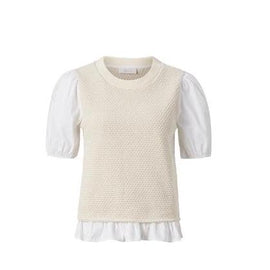 RICH & ROYAL, Cotton Blouse with Knit Detail, CREAM WHITE