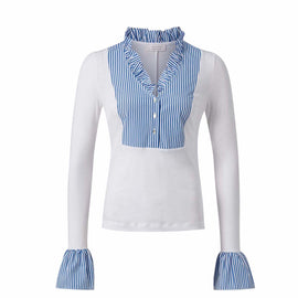 RICH & ROYAL, Long Sleeve Blouse with striped frill detail, DAISY BLUE
