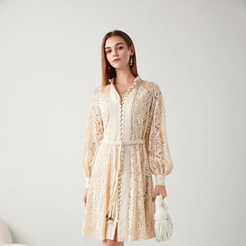 GDS Irina Belted Mid Lace Dress, CREAM