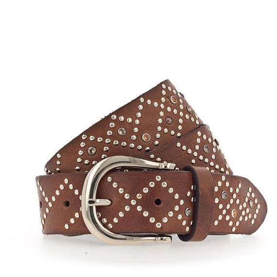 B.BELT, Charlotte Gold Studded Leather Belt, COGNAC