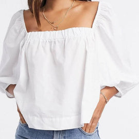 RICH & ROYAL, Blouse, Square Neckline, Puff Sleeves, WHITE