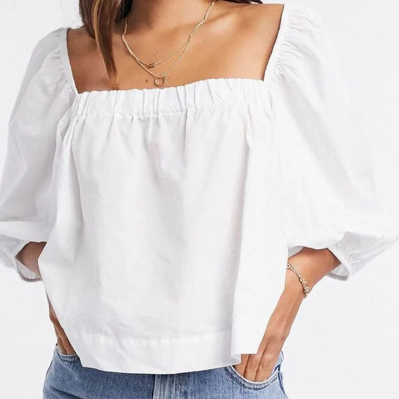 RICH & ROYAL, Blouse, Square Neckline, Puff Sleeves, WHITE