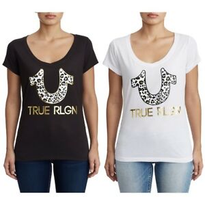 TRUE RELIGION ROUND V NECK T SHIRT LEOPARD HORSESHOE, WHITE