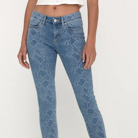 MISS ME USA DENIM JEANS, PYTHON PRINT EMBOSSED, ANKLE SKINNY, BLUE