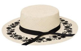 SARAH J CURTIS BOATER HAT, WITH MY FRIENDS, NATURAL STRAW WITH BLACK RIBBON & EMBROIDERY