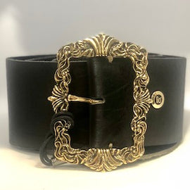 B.BELT CO KATE FULLGRAIN 60MM LEATHER BELT, LIGHT GOLD ORNATE SQUARE BICKLE, BLACK