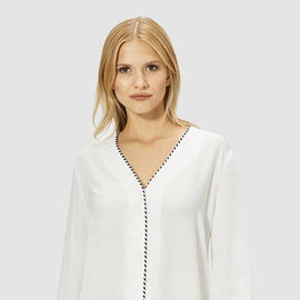 RICH & ROYAL Long Sleeve Blouse with Striped Piping, PEARL WHITE