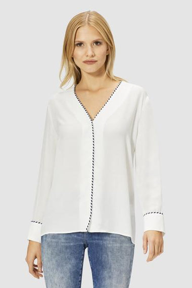 RICH & ROYAL Long Sleeve Blouse with Striped Piping, PEARL WHITE