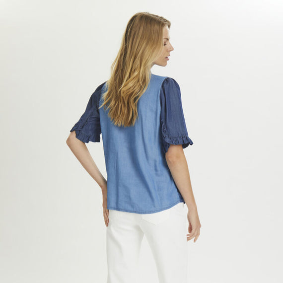 CULTURE DK, Mindy Mixed Denim Shirt, Ruffle Sleeve & Collar, Light Blue Wash