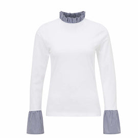 RICH & ROYAL GERMANY, Long Sleeve Organic Cotton Blouse with Striped Collar & Cuff, White & Midnight Blue