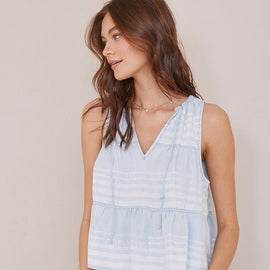 BELLA DAHL Tiered Tie Neck Tank Top, Amalfi Stripe, BLUE WASH