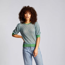 RICH & ROYAL Crew Neck Metallic Knit Top with Lurex, GREEN & BLUE