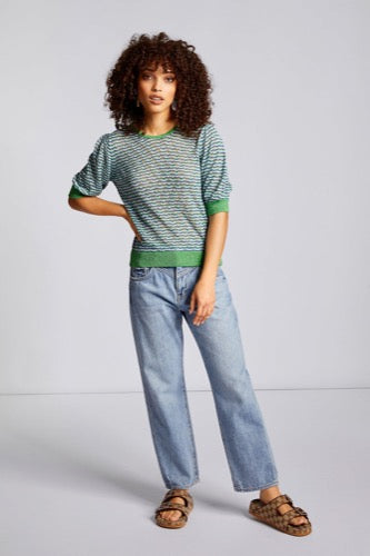 RICH & ROYAL Crew Neck Metallic Knit Top with Lurex, GREEN & BLUE