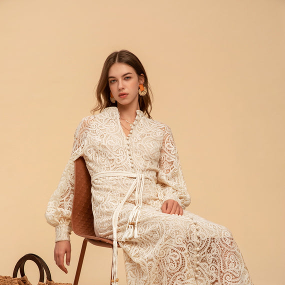 GDS, Irina Belted Long Lace Dress, ECRU