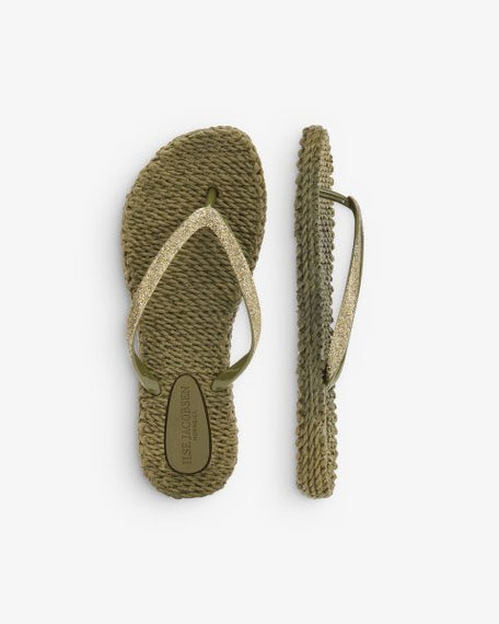 ISLE JACOBSEN FLIP FLOPS THONGS, GLITTER STRAP, ARMY