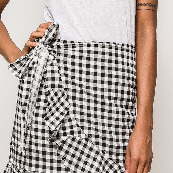 EIGHT PARIS GINGHAM WRAP SKIRT WITH FRILL DETAIL, BLACK & WHITE