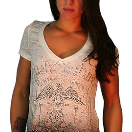 RUSH COUTURE SAILAWAY STONES V NECK T SHIRT RHINESTONE EMBELLISHED, WHITE WITH GREY DIP DYE