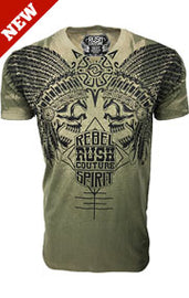 RUSH COUTURE REBEL SPIRIT FITTED V NECK TEE W 1 OF A KIND NAIL HEAD EMBELLISHMENTS-VINTAGE ARMY