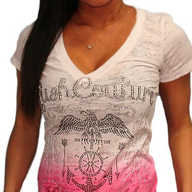 RUSH COUTURE SAILAWAY STONES V NECK T SHIRT RHINESTONE, WHITE PINK DIP DYE