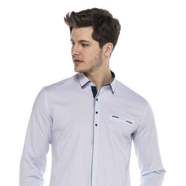 CIPO & BAXX MENS DRESS SHIRT, SQUARE PRESS STUD BUTTON UP, WHITE & BLUE