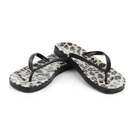 ISLE JACOBSEN FLIP FLOPS, LEOPARD PRINT, BLACK GLITTER STRAP