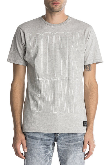 ROCK REVIVAL MENS CREW NECK T-SHIRT, RR IN CLEAR OVER HD, HEATHER GREY