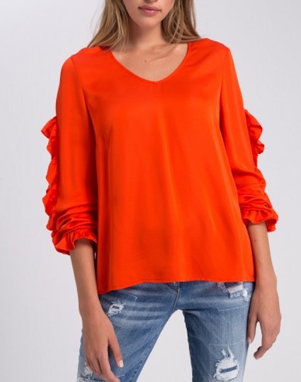 MARC AUREL BLOUSE WITH FRILL SLEEVE DETAIL, HOT ORANGE